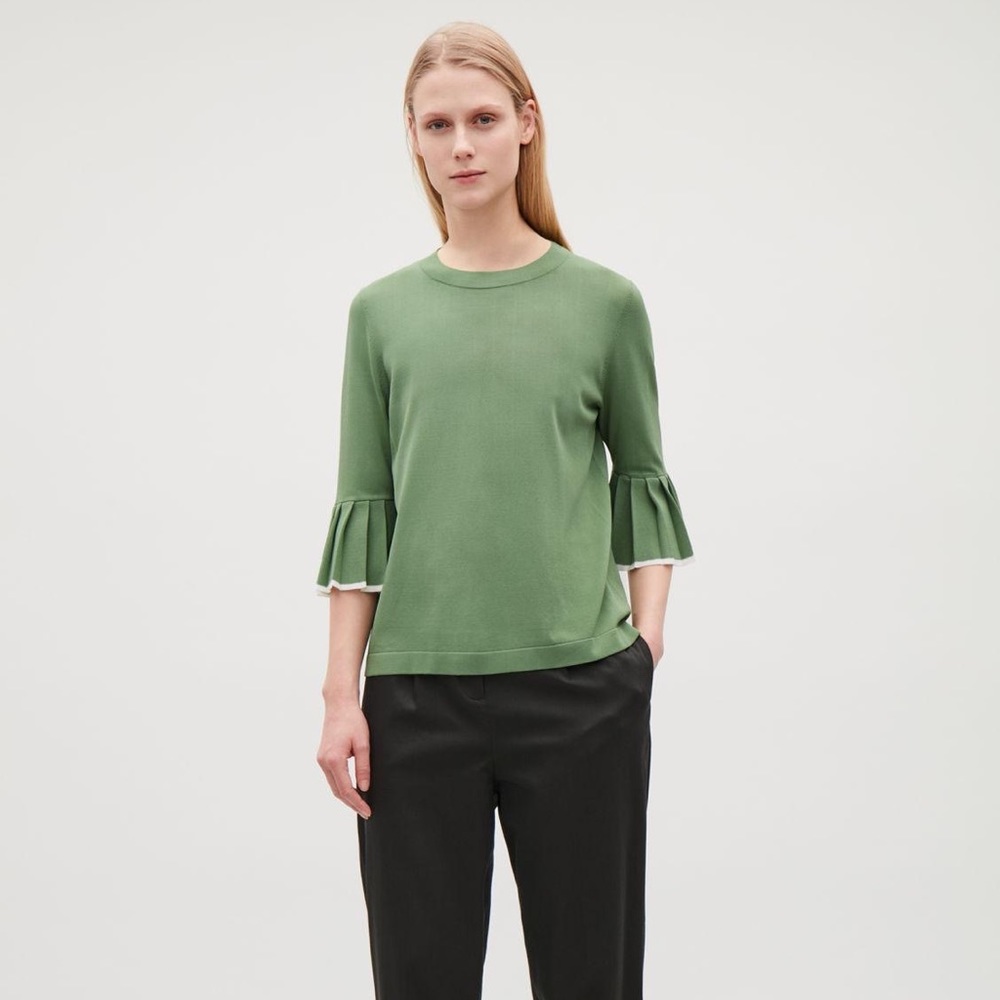 COS Knitted Pleated Green Ruffle Sleeve Top